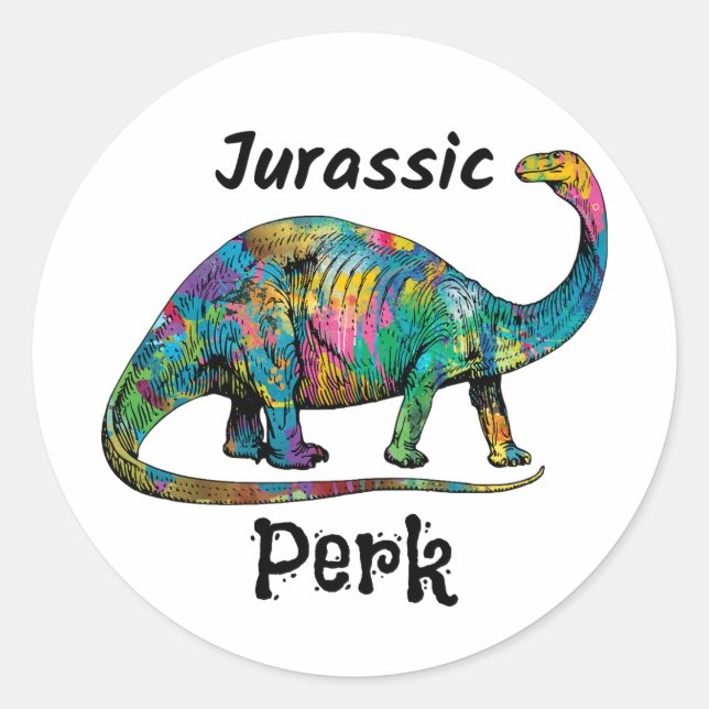 Jurassic Perk Colorful Dinosaur White Classic Round Sticker (Front)