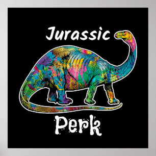 Jurassic Perk Colourful Dinosaur Black Poster