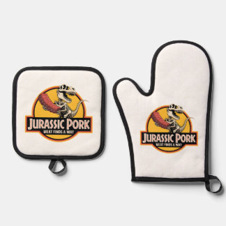 Jurassic Pork - BBQ Humor oven gloves Oven Mitt & Pot Holder Set