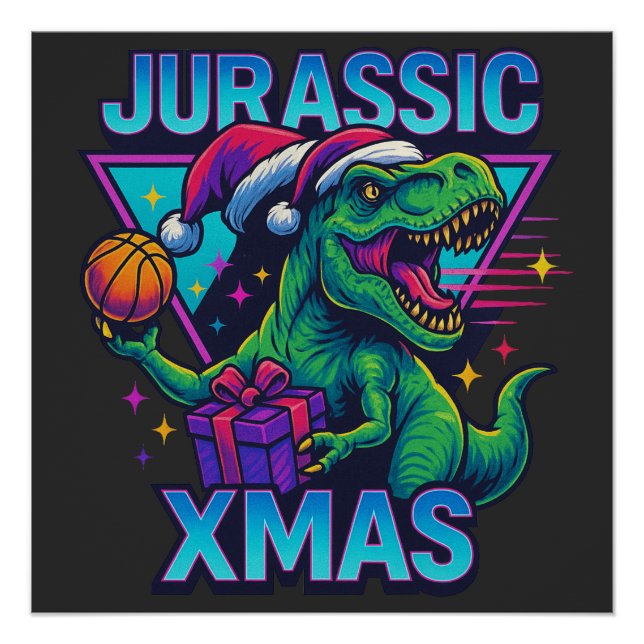 Jurassic Xmas T-Rex - Retro 80s Neon Dinosaur Xmas Poster (Front)