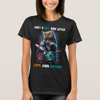 Just A Boy Who Loves Cats And Drums Cute Cat Playi T-Shirt