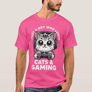 Just A Boy Who Loves Cats Gaming Boy Cat Dad Funny T-Shirt