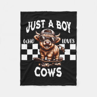 Just A Boy Who Loves Cows Retro Funny Cow Skateboa Fleece Blanket