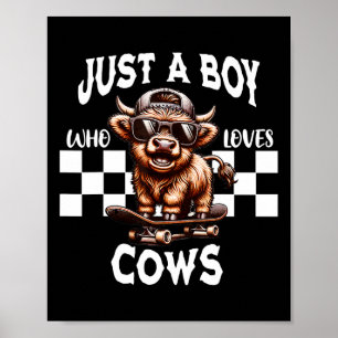 Just A Boy Who Loves Cows Retro Funny Cow Skateboa Poster