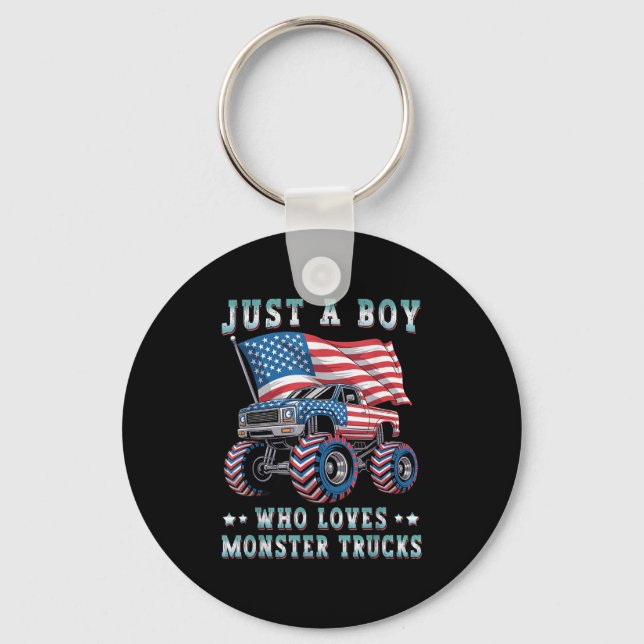Just A Boy Who Loves Monster Trucks American Flag  Key Ring (Front)