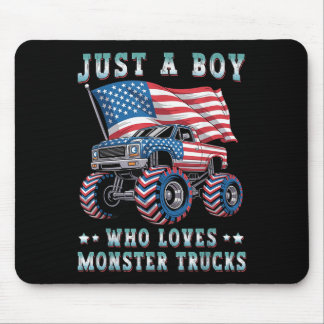 Just A Boy Who Loves Monster Trucks American Flag  Mouse Mat