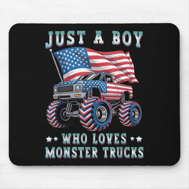 Just A Boy Who Loves Monster Trucks American Flag  Mouse Mat (Front)