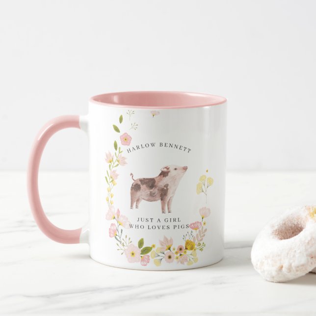 Just a Girl That Loves Pigs | Monogram Mug (With Donut)