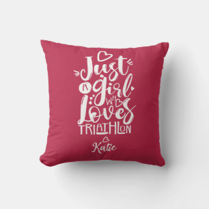 Just A Girl Triathlon White And Magenta Typography Cushion