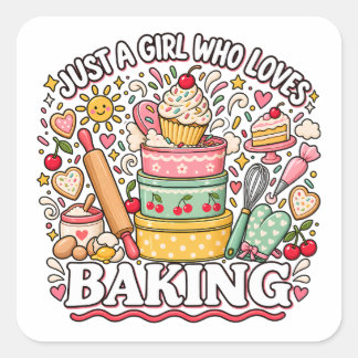 Just a Girl Who Loves Baking Cute Cherry Cupcake Square Sticker