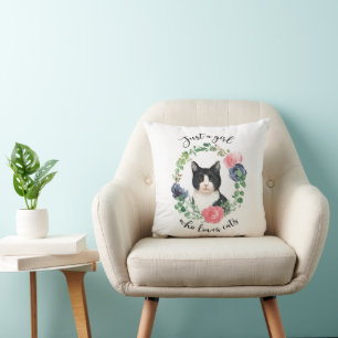 Just a Girl Who Loves Cats Blue Floral Cushion