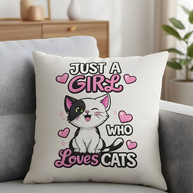 Just a Girl Who Loves Cats Cute Black and White Cushion (Creator Uploaded)