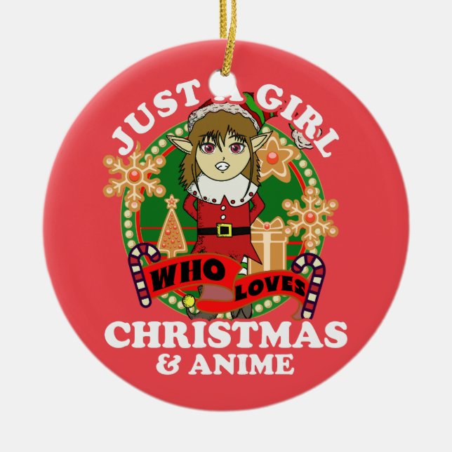 Just a Girl Who Loves Christmas and Anime Elf Ceramic Tree Decoration (Front)