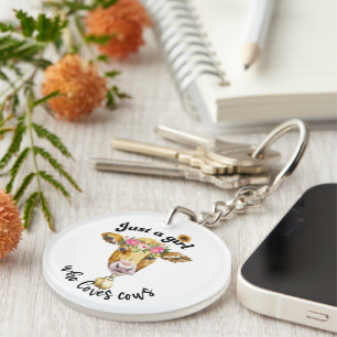 Just a girl who loves cows cute cow watercolor art key ring