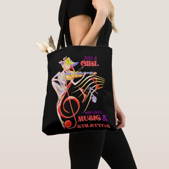 JUST A GIRL WHO LOVES MUSIC AND STILETTOS  TOTE BAG (Close Up)