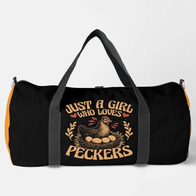 Just a Girl Who Loves Peckers" - Humourous Chicken Duffle Bag (Front)