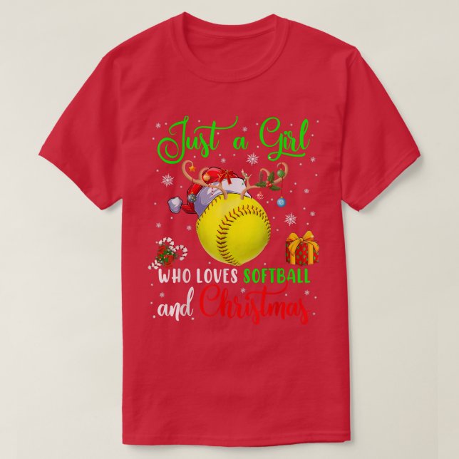 Just A Girl Who Loves Softball And Christmas Santa T-Shirt (Design Front)