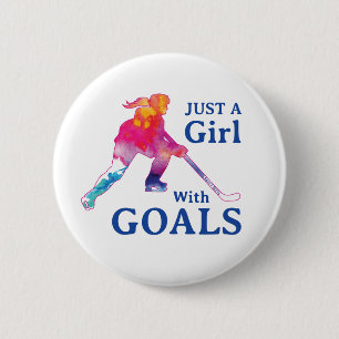 Just a Girl With Goals Hockey Watercolor 6 Cm Round Badge