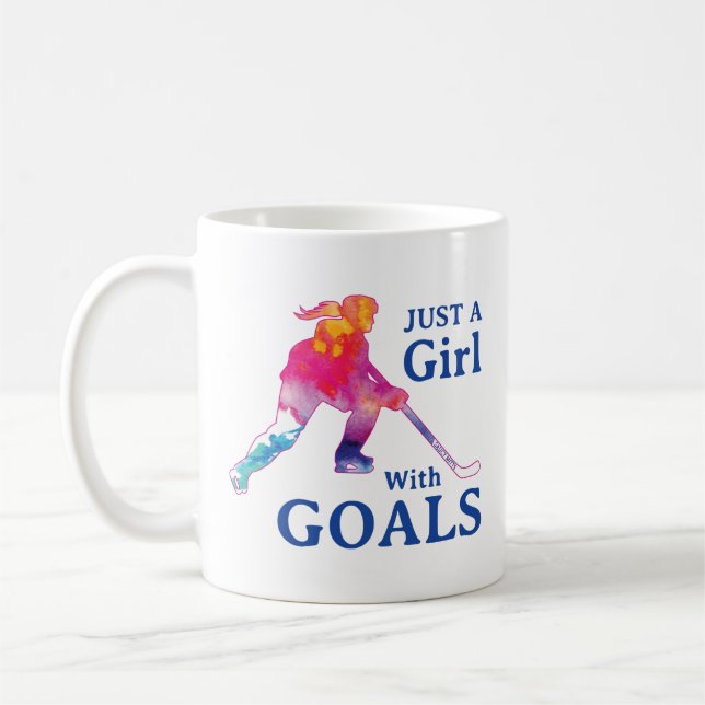 Just a Girl With Goals Hockey Watercolor Coffee Mug (Left)