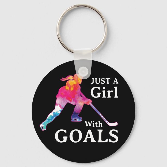 Just a Girl With Goals Hockey Watercolor Keychain (Front)