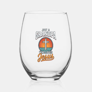 Just A Grandpa Who Loves Jesus Vintage Cross Shirt Stemless Wine Glass