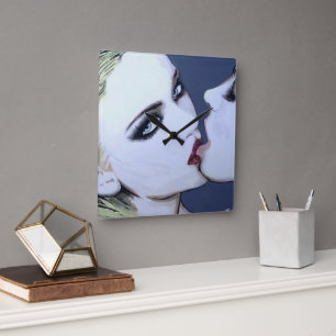 'Just a Kiss' Painting on a Square Wall Clock
