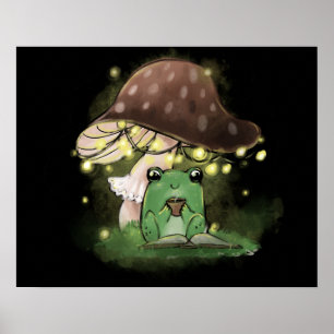 Just a Little Frog Reading a Book Under a Mushroom Poster