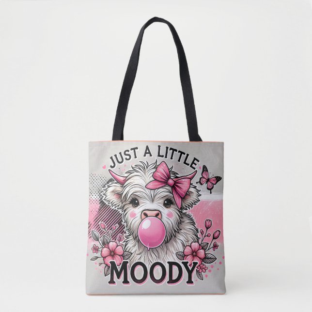 Just A Little Moody Highland Cow Pink Bow Tote Bag (Front)