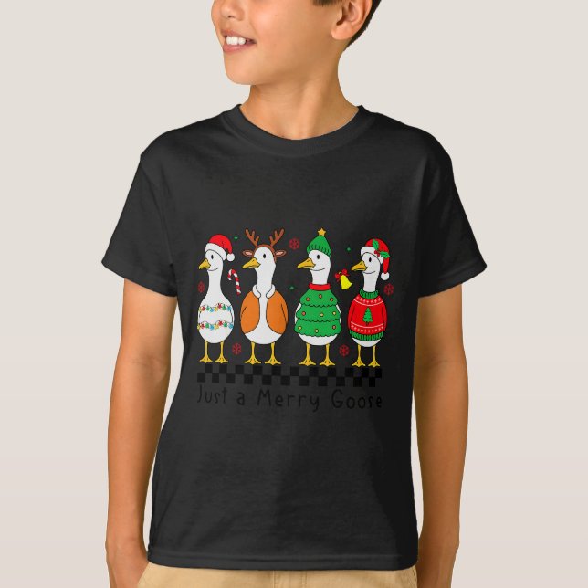Just A Merry Goose Xmas Funny Santa Goose Christma T-Shirt (Front)