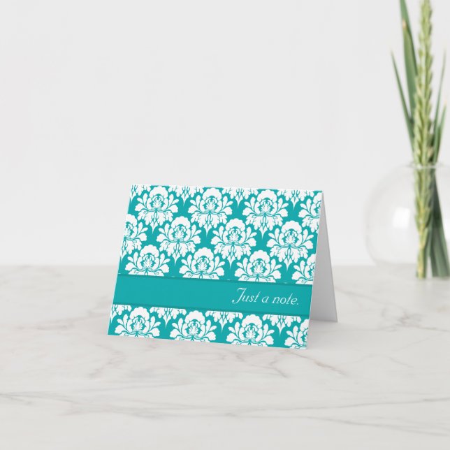 Just A Note Turquoise Damask Print Card (Front)