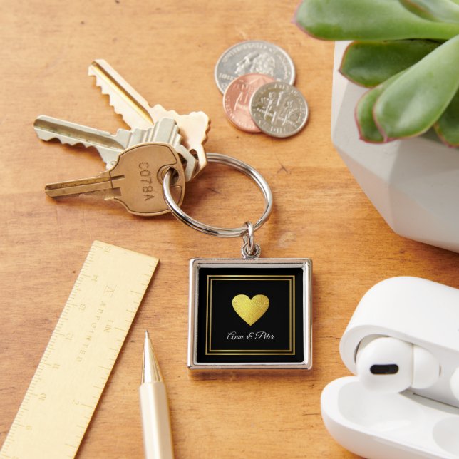 Just a Simple Faux Gold Love Heart on blk Key Ring (Desk)