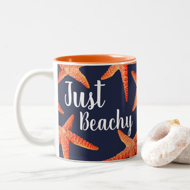 Just Beachy Orange Starfish & Navy Blue Two-Tone Coffee Mug (With Donut)