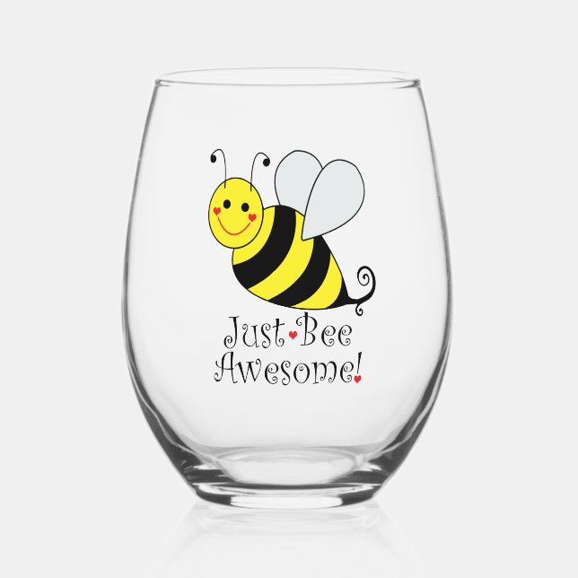 Just Bee Awesome Cute Yellow Bumble Bee Stemless Wine Glass (Front)