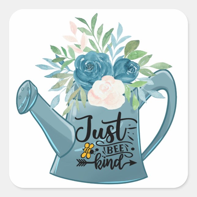 Just Bee Kind Teal Floral Watering Can Positivity Square Sticker (Front)