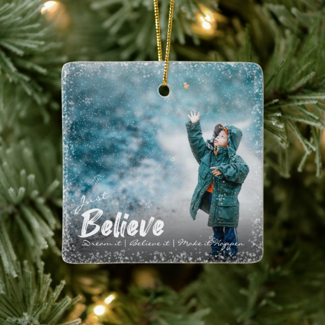 Just Believe | Snow Overlay Photo Merry Christmas Ceramic Ornament (Tree)
