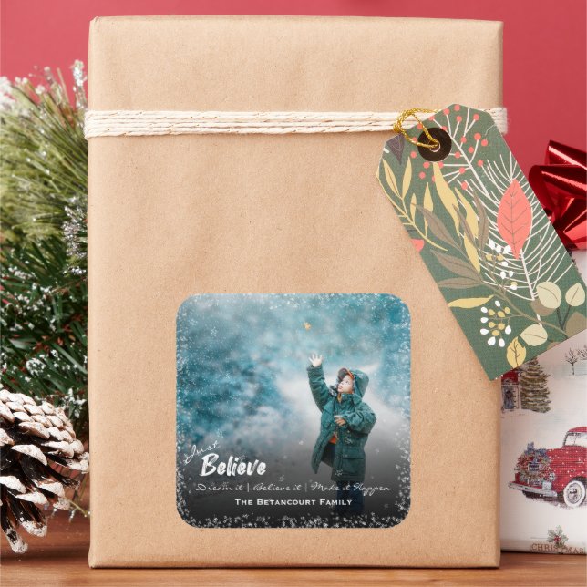 Just Believe | Snow Photo Merry Christmas Square Sticker (Holiday)