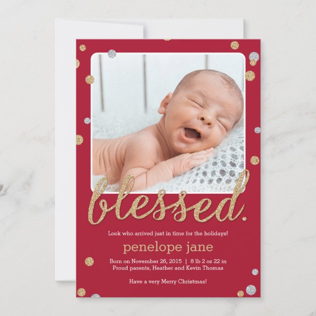 Just Blessed Birth Announcement Holiday Card (Front)