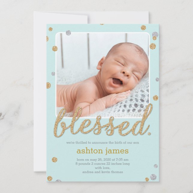Just Blessed Photo Birth Announcement Blue (Front)