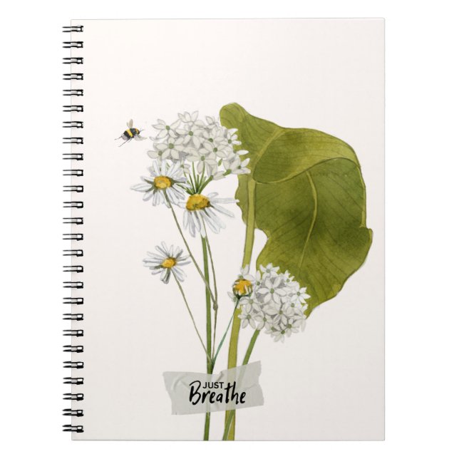 "Just Breathe" a Simple Minimalist Daisy Notebook (Front)