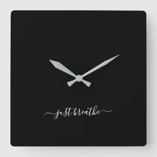 Just breathe black elegant script yoga large clock