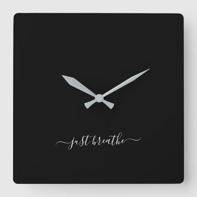Just breathe black elegant script yoga large clock (Front)
