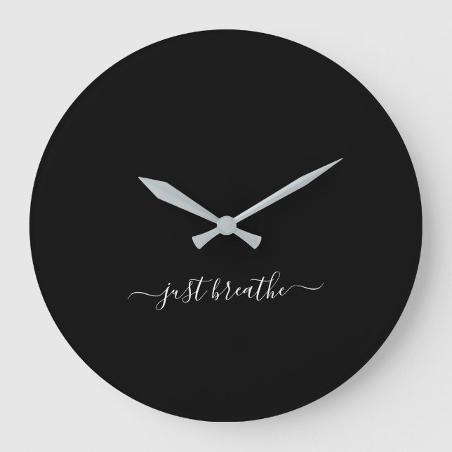 Just breathe black elegant script yoga large clock (Front)