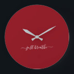 Just breathe burgundy elegant script yoga  large clock<br><div class="desc">Modern yoga clock with a chic burgundy background and an elegant hand lettered white script with the quote "just breathe".</div>