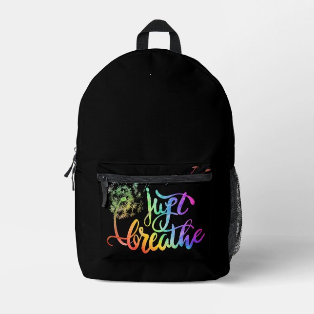 Just breathe  dandelion blowing in the wind  printed backpack (Front)