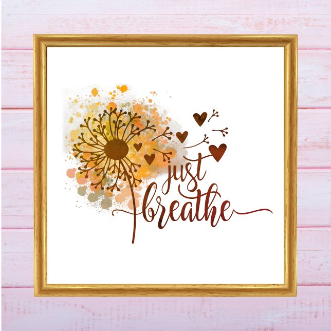 Just Breathe Dandelion Hearts Encouragement Yoga   Poster (Just Breathe Dandelion Blowing in Wind Watercolor Wall Art. Digital or Printed. Yoga Meditation )