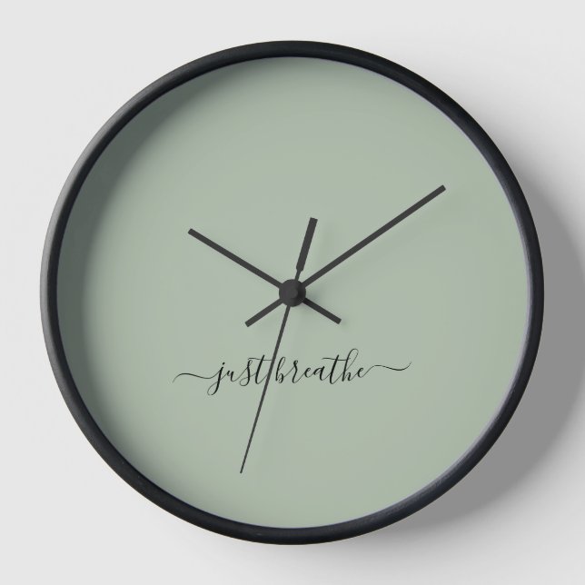 Just breathe green elegant script yoga  clock (Front)