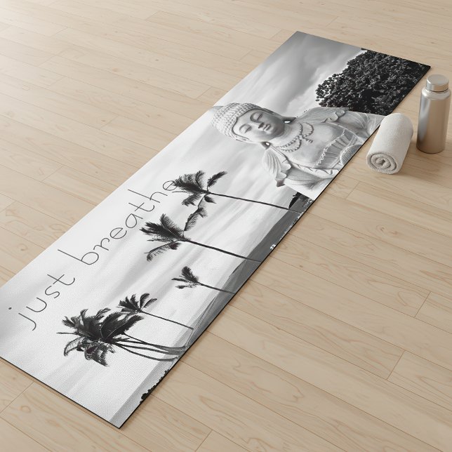 Just Breathe Hawaii Buddha Bold Black White Photo Yoga Mat (Creator Uploaded)