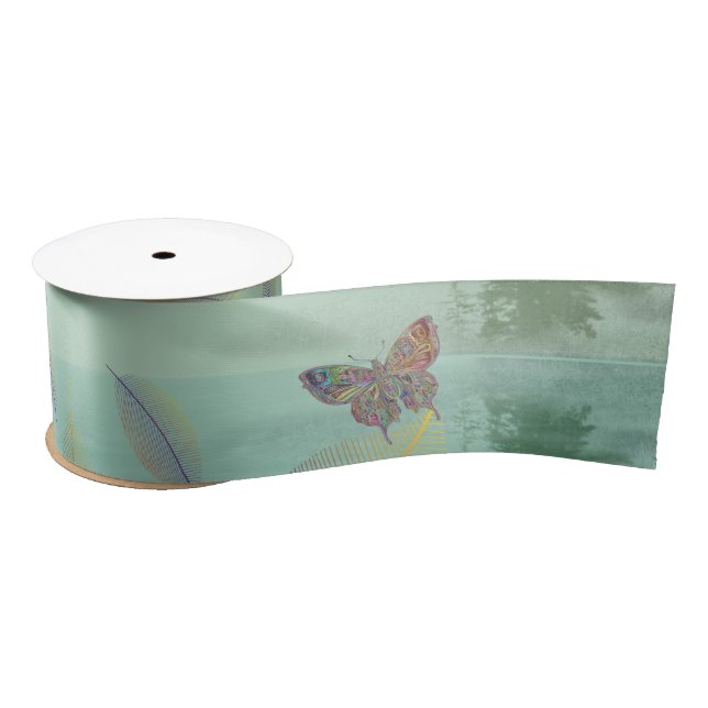 Just Breathe Leaves Butterfly Green Mountain Satin Ribbon (Spool)