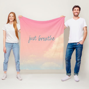 JUST BREATHE Life Quote Pink Sky Clouds Modern  Fleece Blanket