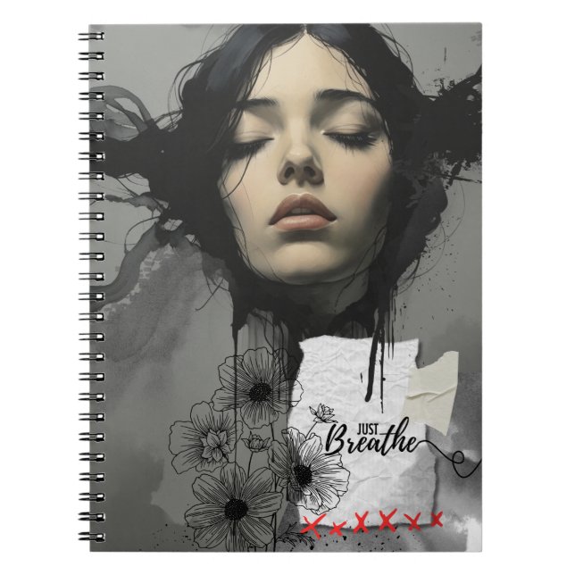 Just Breathe Modern Ink Portrait Notebook Journal (Front)